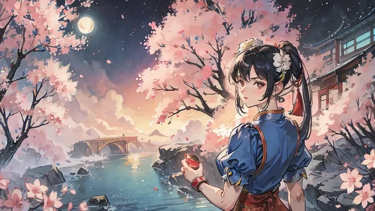 Street Fighter Chun-Li　anime　Cherry Blossoms at Night　Looking Back　moon　China dress　human　1 person 　Person big