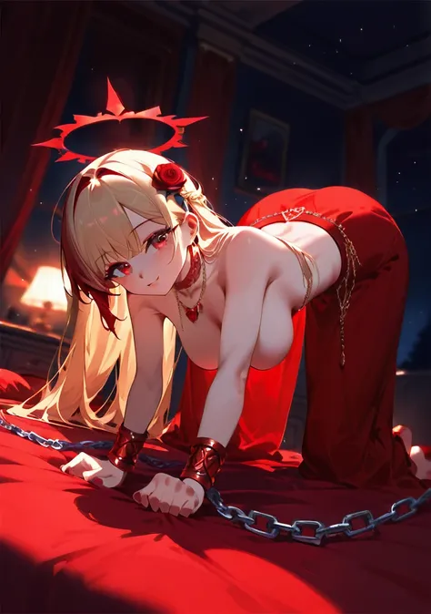 (close up) (full body pose) (crawling on fours:1.4) (adult woman:1.2) (topless:1.1) (elaborate beautiful dress:1.2) (ruby red chains on wrists) (from below) (ruby red halo) red rose choker, night, dark cozy bedroom, mood lighting, on red velvet bed, Absurd...