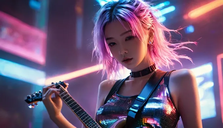 1 girl，beautiful，cyberpunk style,Bling Bling Bling Bling，motion blur，strumming the guitar，Cinematic lighting effects