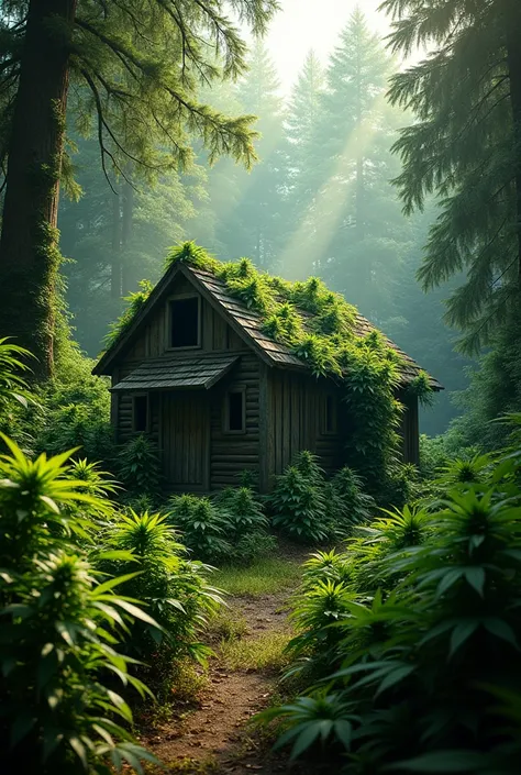 a tiny abandoned wooden house, overgrown with cannabis plants, surrounded by a lush forest, detailed foliage, beautiful lighting, photorealistic, highly detailed, cinematic, (best quality,4k,8k,highres,masterpiece:1.2),ultra-detailed,(realistic,photorealis...