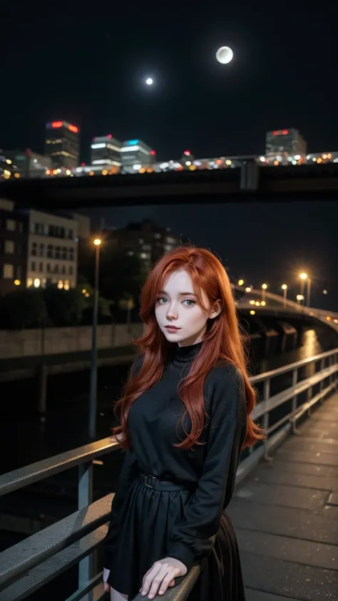 Redheaded Irish Girl, leaning on the railing of a bridge that overlooks a road to the city center, with cars passing by, on a waning moon night, and she is wearing black clothes