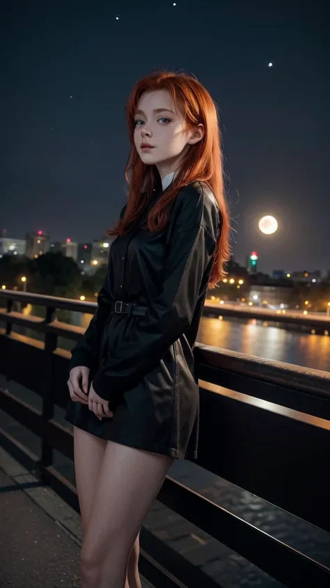 Redheaded Irish Girl, leaning on the railing of a bridge that overlooks a road to the city center, with cars passing by, on a waning moon night, and she is wearing black clothes