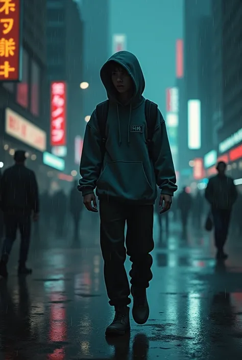 A young adult walking away the streets of a big city looks lonely and lost. Wear a hoodie. Raining night.
His face in half shadow.