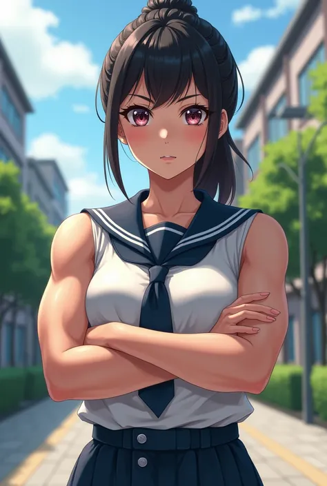 A Japanese high school girl with muscular arms