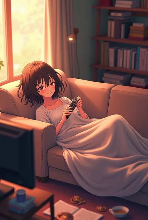 Create an anime-style image of a workaholic girl lounging on her cozy couch, wrapped in a soft blanket. She’s holding a cup of coffee with one hand and a TV remote with the other, her hair slightly messy, and a content smile on her face as she watches her ...