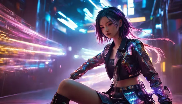 1 girl，beautiful，cyberpunk style,Bling Bling Bling Bling，motion blur，strumming the guitar，Cinematic lighting effects