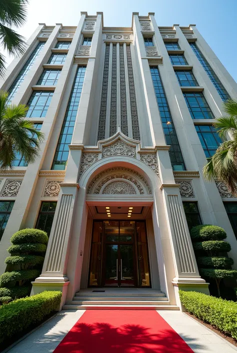 A wonderful and luxurious building with Singaporean architecture and the words Nexus Global Embassy written on a separate concrete with red carpet on the entrance 