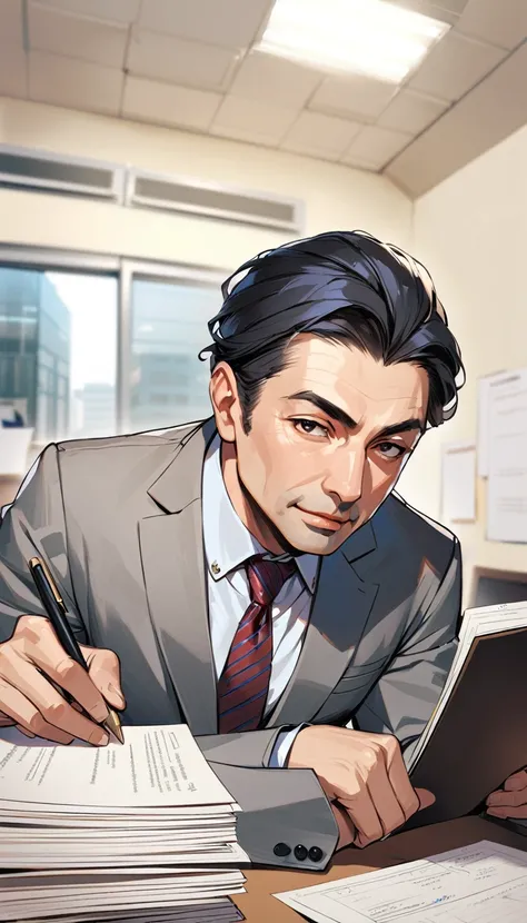 1man, solo,  side parted hairstyle, black hair, black eyes, beige lips, 50 years old, wear a gray suit, see the documents at hand, company office,