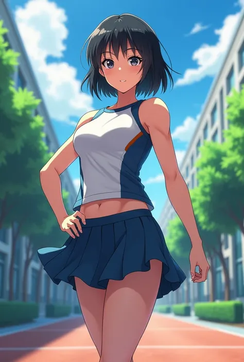 A Japanese high school girl with muscular arms and legs