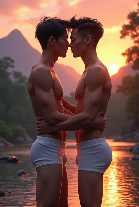 Two slim attractive Asian male teenagers in white boxers touching each other&#39;s butts while in the river background are the sunset at mountain