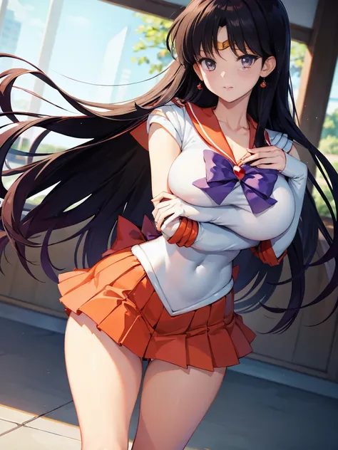 Highest quality、Sailor Mars、Beautiful face、Beautiful breasts、Place your hand on your chest、Mini Pleated Skirt、Thighs、