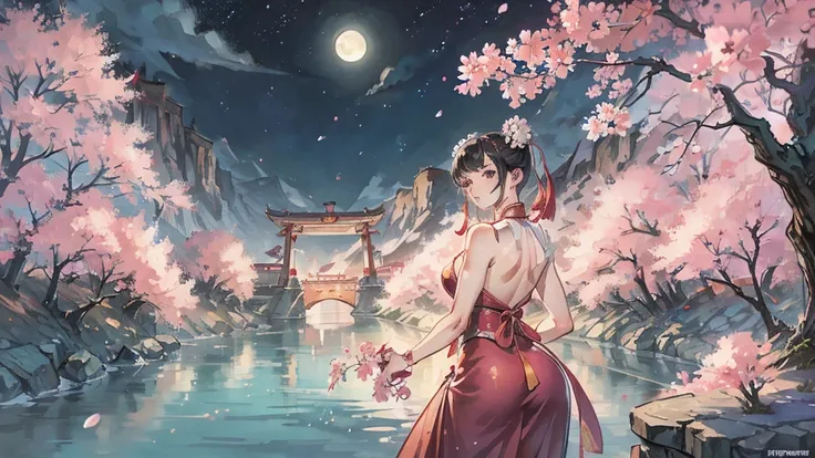 Street Fighter Chun-Li　anime　Cherry Blossoms at Night　Looking Back　moon　China dress　human　1 person 　Person big