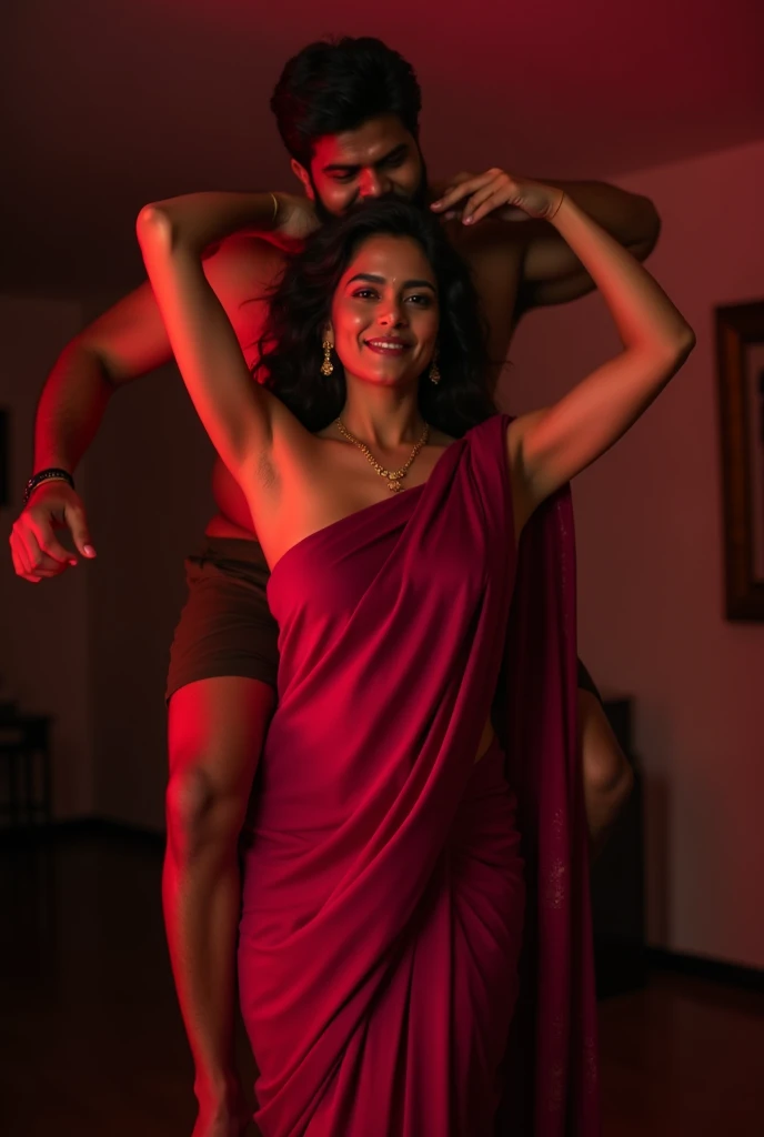 Beautiful and Slim sensual Indian woman in a dark pink silk saree lifting piggyback a large chubby man above her shoulders, man is sitting on womans shoulders, in a red light room with high ceiling, natural smile, woman is looking into the camera , she is ...