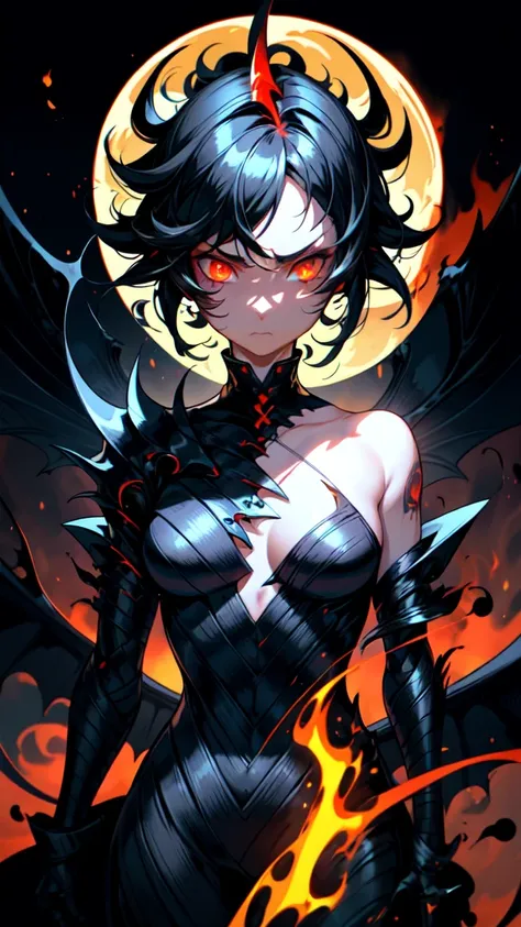 1girl, 2, serious face, sharp face, black short hair, messy hair, black dragon horn on her head, abbys, monster girl, red eye ball with black pupil, fire, blood, light particles, light rays, wallpaper, high contrast, colorful,