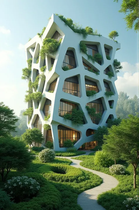 Create a building with green areas around it and windows in the shape of a hexagon. 