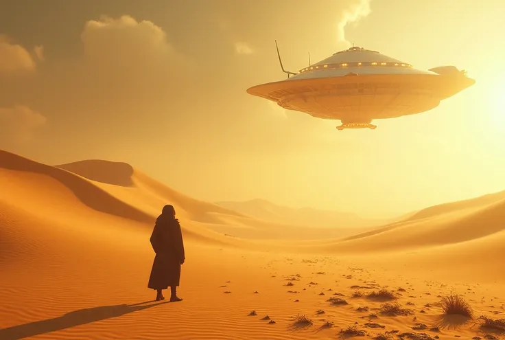 An oasis in the desert, Spaceship in the sky, mirage, A person without a shadow, Golden sand