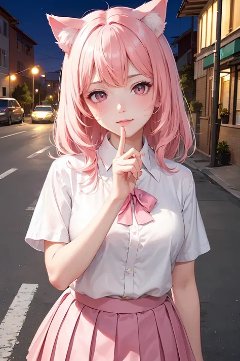 masterpiece, top quality, best quality, official art, beautiful and aesthetic,, , 1girl with cat ear, perfect figure, pink hair, complex details, secondary animation style, roadside, night, touched head, (white shirt, pink pleated skirt:1.5), lovely cat wo...