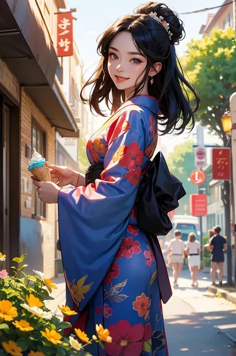 anime style, super fine illustration, highly detailed, dynamic angle, beautiful detailed, 8k, On a summer afternoon under the blazing sun in a city street, BREAK a Bust-up of a beautiful black-haired woman in a kimono smiling is enjoying a cold gelato. BRE...