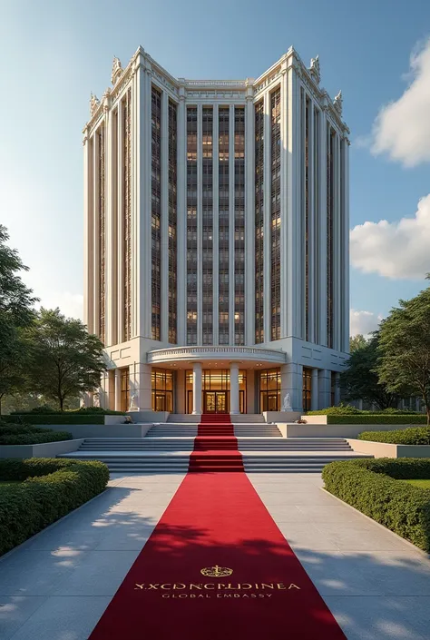 A wonderful and luxurious building with Singaporean architecture and the words Nexus Global Embassy exposed on a separate concrete with red carpet on the entrance with a good full view and angle 