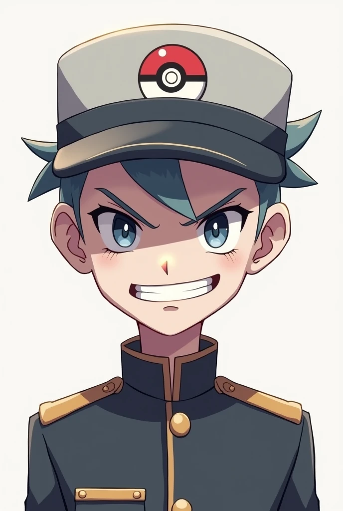 Young white adult, Scrawny, short military shaded hair, YouTube profile, with pokeball pokemon cap, 2d, Only from the neck up, evil grin 