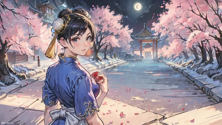 Street Fighter Chun-Li　anime　Cherry Blossoms at Night　Looking Back　moon　China dress　human　1 person 　Person big