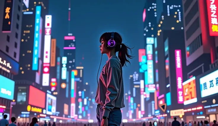 ８Ｋ(Highest quality）（masterpiece）City of night、Girl wearing headphones and listening to music、Colorful