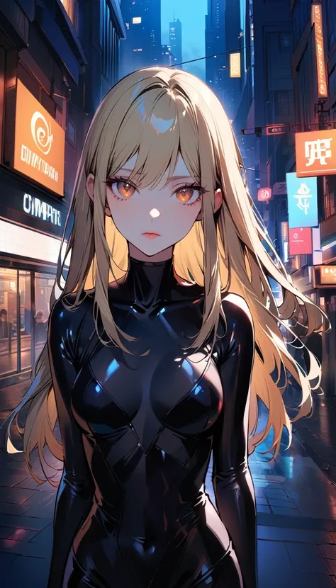 1woman, solo, long straight hair, blond hair, brown eyes, detailed eyes, light lips, 25years old, expressionless, wear black fitted bodysuit, looking at viewer, closed mouth, in the city at night