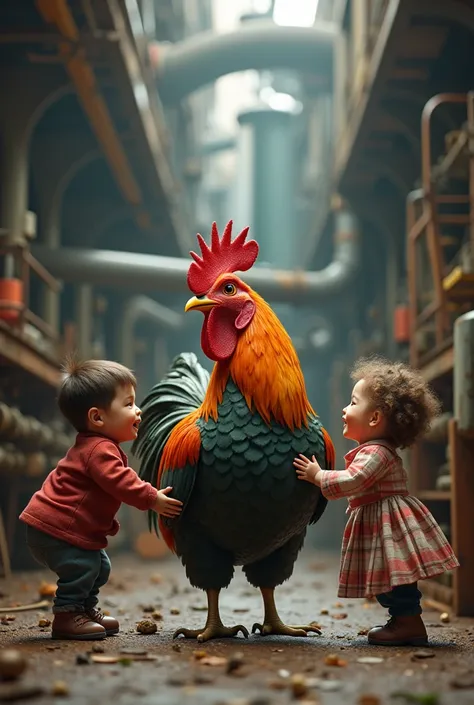 A petted rooster for children in a real factory