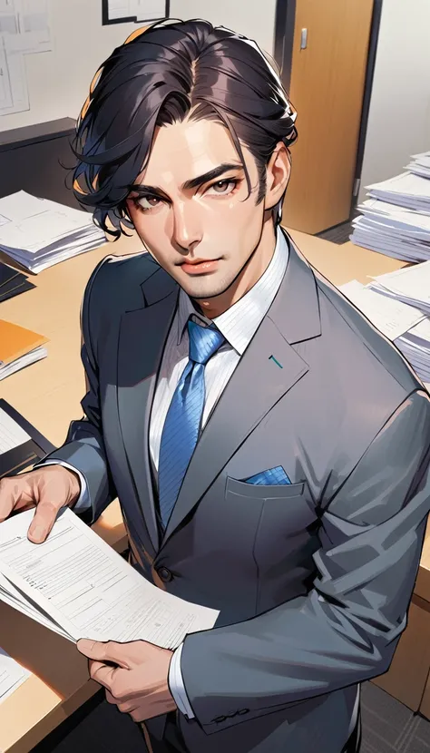 1man, solo,  side parted hairstyle, black hair, black eyes, beige lips, 50 years old, wear a gray suit, see the documents at hand, company office, looking at viewer, opened mouth