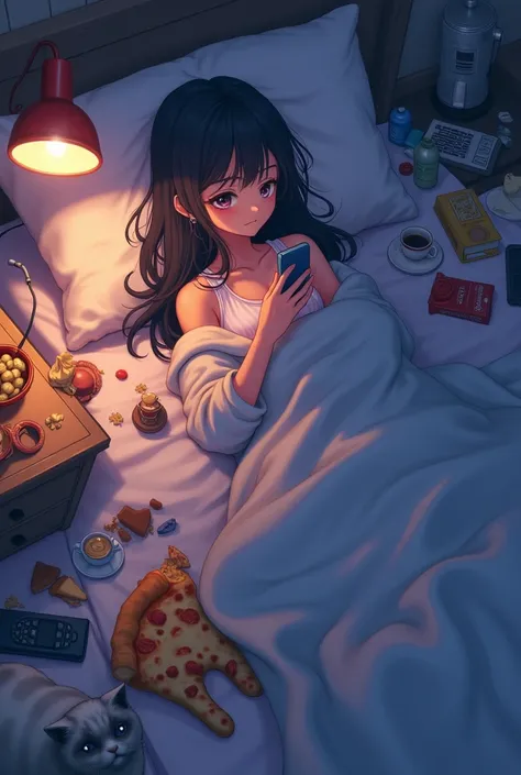 Create an anime-style image of a cute woman lying in a messy bed that’s surrounded by everything she needs—snacks, drinks, her phone, and a remote control—all within arm’s reach. She’s wrapped in a blanket, only one eye peeking out as she lazily scrolls th...