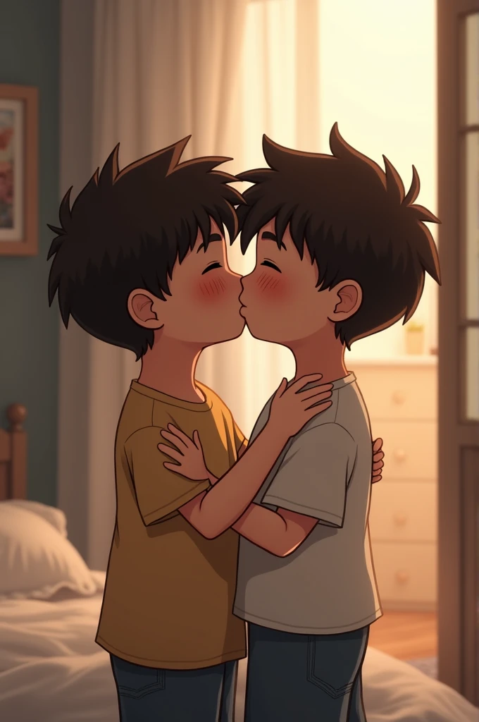 Two little boys kiss