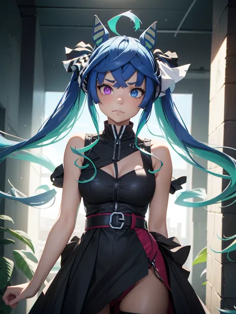 (​masterpiece、top-quality、hight resolution、Unity 8k、extremely details CG:1,Best Picture), Twin_Turbo_Umamusume, aqua hair, twintails, heterochromia, purple eyes, blue eyes, sharp teeth,  horses ear, small breasts, "A woman standing alone with a subtle expr...