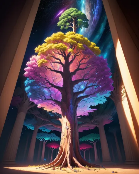 Painting of a tree with iridescent sky on background, the Tree of Life, Space Tree of life, Magic Tree, Tree of Life seed of doubt, Fantasy Tree, Tree of Life, the world Tree, Space Tree, Magic Tree, Magical colors and atmosphere, Colorful concept art, wor...