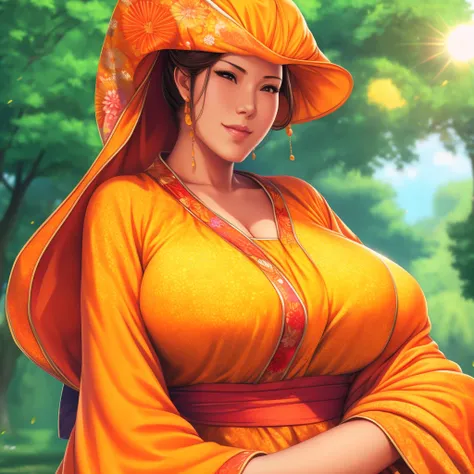 A woman, in the park, sunny, Orange sun dress, Raw, Ultra HD, 8K, (close up:1.1), head, The face is rich in detail, Charming eyes Hanfu full body big breasts