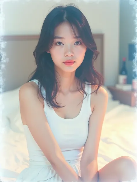 girl、 analog film photo, (Create a realistic and photorealistic photo image)、whole body、White tank top、Dimly lit place、Red light、Sitting、blur, tint, depth,