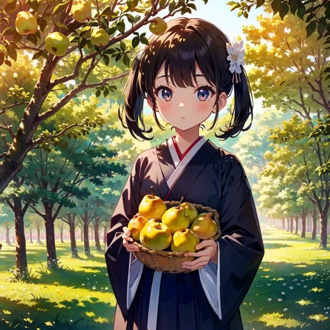 {{{Masterpiece, highest quality, high resolution background}}}, bright and beautiful atmosphere, 1 girl (, round face, baby face), small breasts, pear orchard with many Japanese pear trees, big pears on the Japanese pear tree , many girls enjoying pear pic...