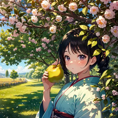 {{{Masterpiece, highest quality, high resolution background}}}, bright and beautiful atmosphere, 1 girl (, round face, baby face), small breasts, pear orchard with many Japanese pear trees, big pears on the Japanese pear tree , many girls enjoying pear pic...