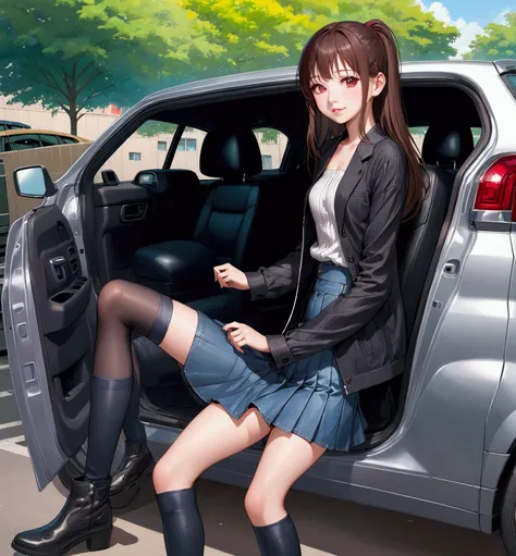 realistic anime illustration of adorable young woman is posing around black car, she has dyed brown long straight hair with bangs, wears gray long sleeve shirt jacket, white-black striped strapless, denim pencil mini skirt with pleated, burgandy ankle boot...