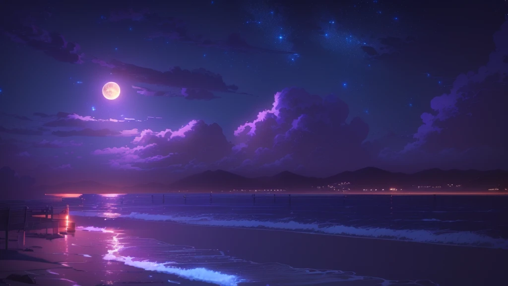 the full moon shines、Night view of the beach with a pier, Wallpaper Anime Blue Water, Night view, high quality desktop wallpaper, anime landscape wallpapers, Anime Background, Anime Art Wallpapers 8K, 4k anime wallpaper, High Quality Wallpapers, 4K Manga W...