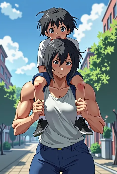 A muscular Japanese high school girl is carrying a boy on her shoulders.