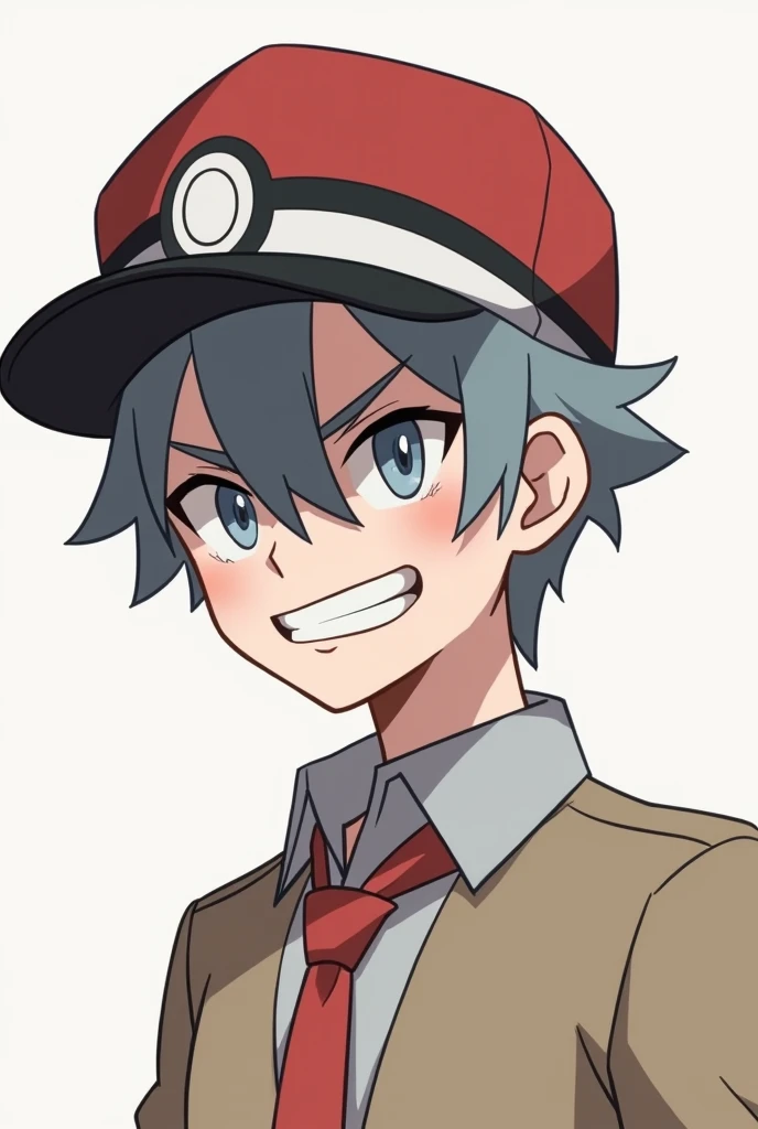 Young white adult, Scrawny, short military shaded hair, YouTube profile, with pokeball pokemon cap, 2d, Only from the neck up, evil grin 