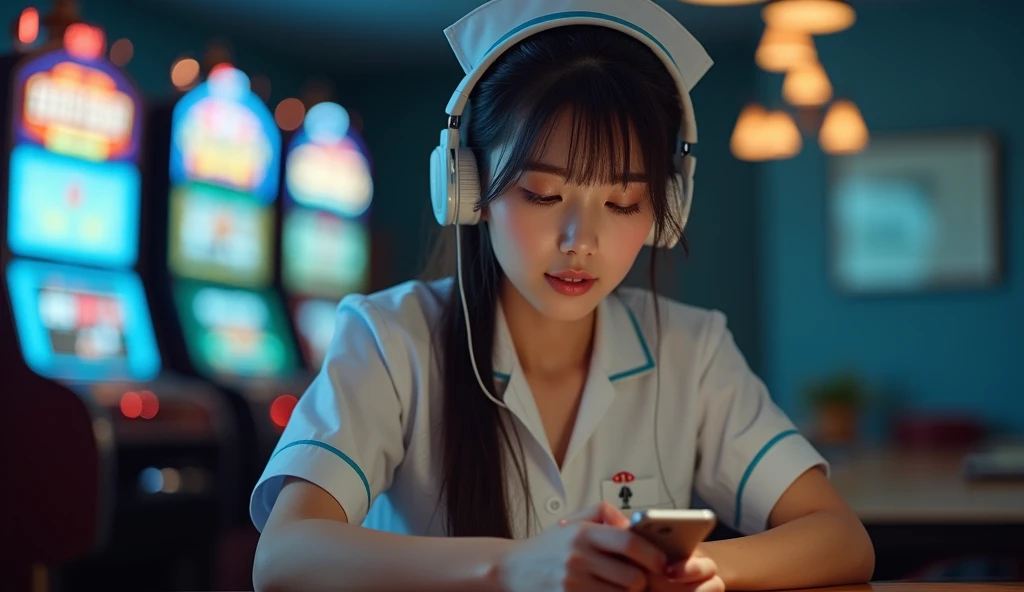 Create an image of a sexy Asian nurse assistant addicted to online gambling.,using phone