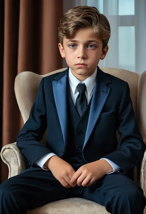 A beautiful and very sad boy, twelve years old,  overwhelmed by grief, with beautiful face, European traits, light eyes, the broken heart, without illusions, and with a lot of feeling, In his bedroom, sitting in an armchair, formal wear, Lost look.