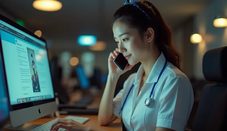 Create an image of a sexy Asian nurse assistant addicted to online gambling.,using phone