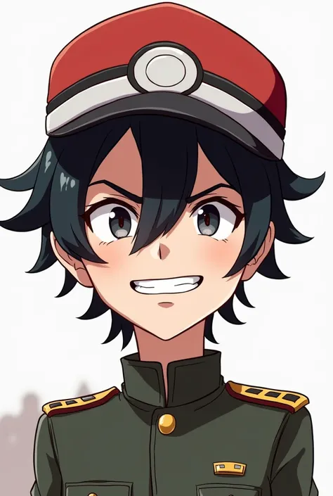 young adult, Caucasian skin, Bblack hair, Scrawny, military short hair, YouTube profile, with pokeball pokemon cap, 2d, Only from the neck up, evil grin 