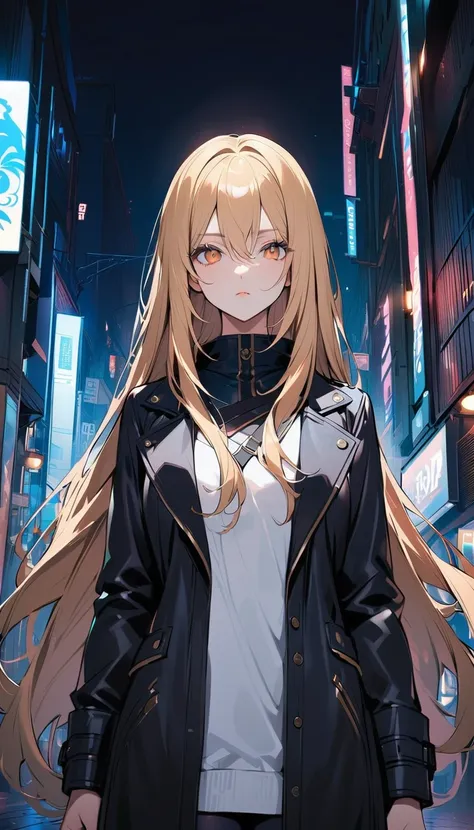 1woman, solo, long straight hair, blond hair, brown eyes, detailed eyes, light lips, 25years old, expressionless, wear black coat, black fitted bodysuit, looking at viewer, closed mouth, in the city at night, image of an assassin