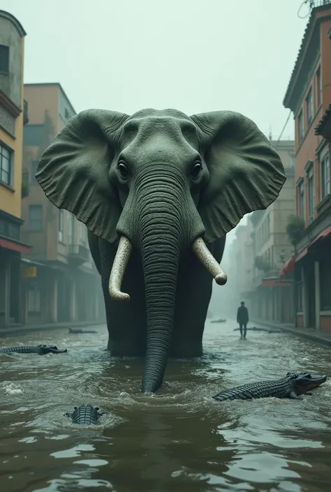 Stone elephant statue covered in water up to the eyes in the middle of flooding with waters with crocodiles in the city of Culiacan