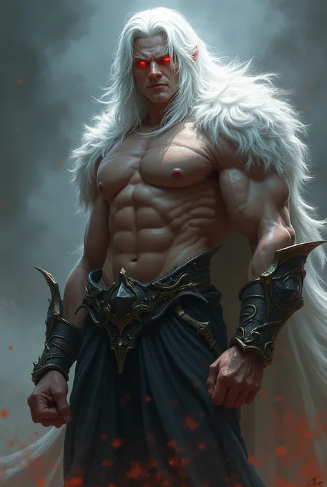 White-haired, red-eyed, muscular man
