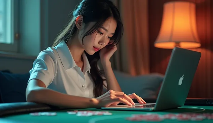 Create an image of a sexy Asian nurse assistant addicted to online gambling.,using phone