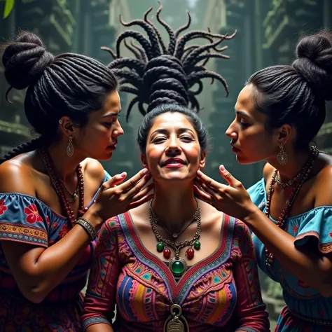 An unusual yet intriguing scene unfolds within the sacred precincts of an ancient Mayan temple. Three Mexican Mayan ladies, each at a different stage of life—youth, maturity, and elderliness—are adorned in vibrant, traditional Mayan dresses that contrast s...